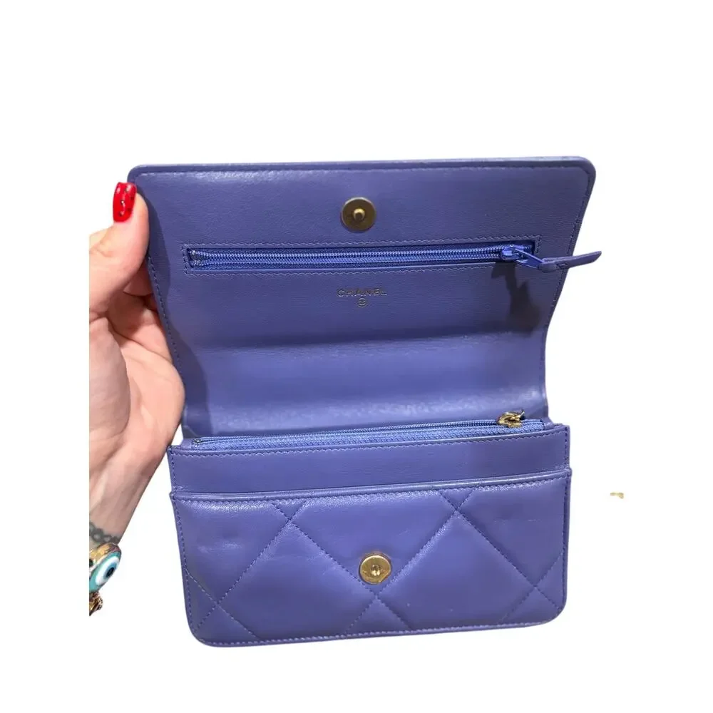 CHANEL 19 Matelassé 2-way Chain WOC Shoulder Bag Rare Purple with Card